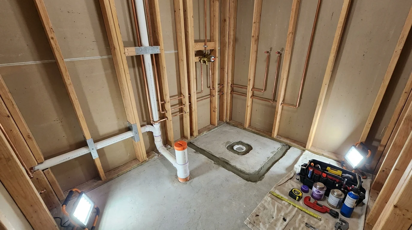 Bathroom rough-in plumbing during remodel by Johns Plumbing LLC in Groton