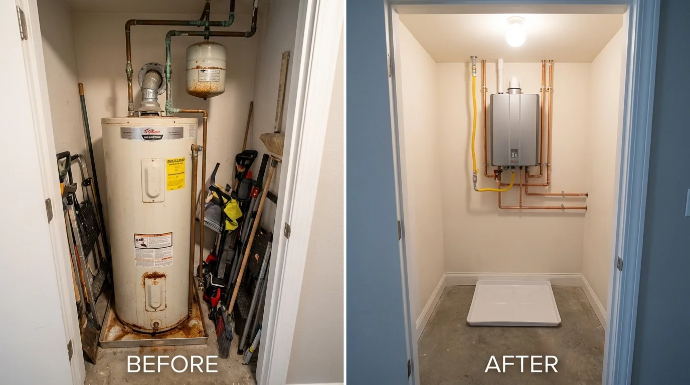 Tank water heater versus wall-mounted tankless unit comparison for Groton, CT homeowners