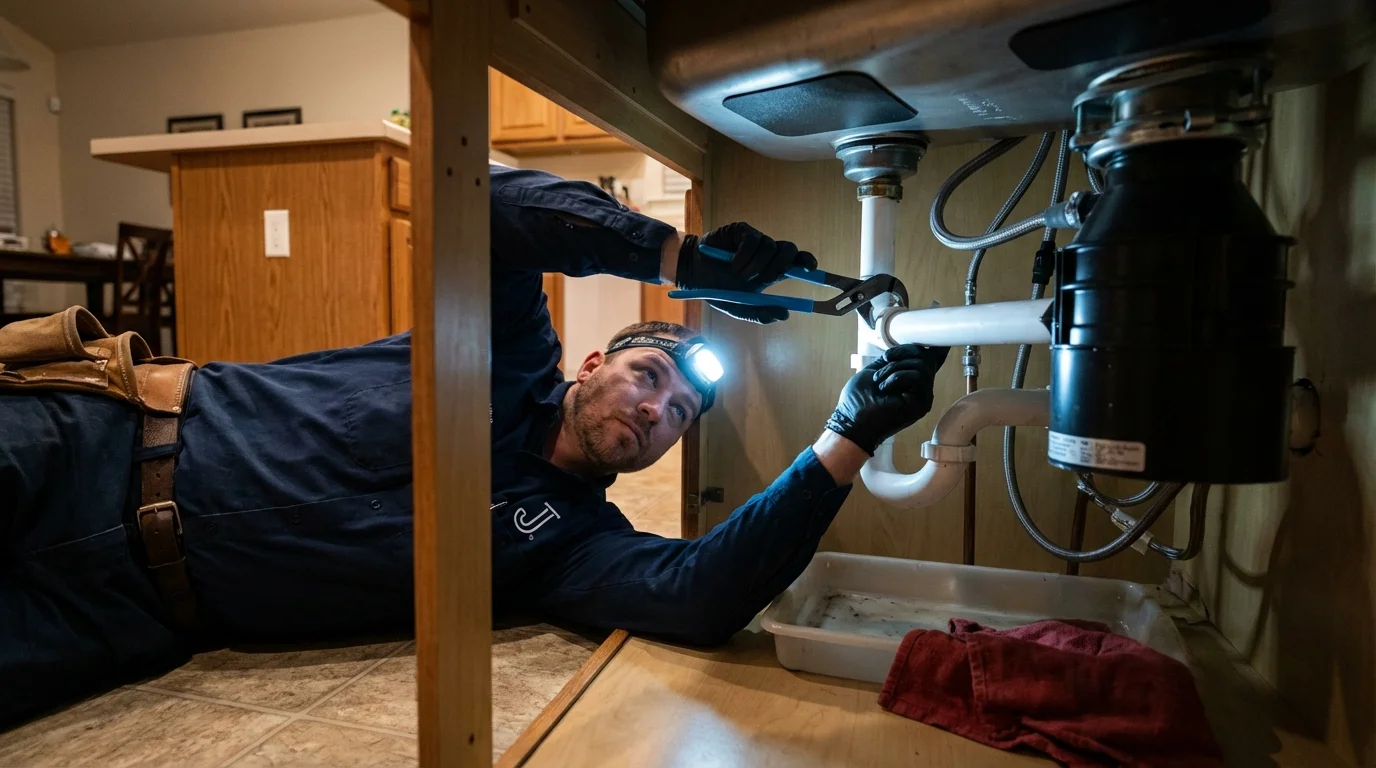 P-trap and supply line connections under a kitchen sink showing a common leak point in Groton, CT